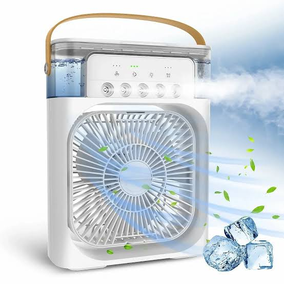 3-in-1 Mini Air Cooler Fan with LED light and ice cubes